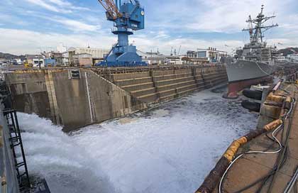 YOKOSUKA, Japan (Nov. 27, 2018) The Arleigh Burke-class guided missile destroyer USS John S. McCain (DDG 56) prepares to undock as a dry dock is flooded in order to test the ship's integrity. McCain is departing the dock after an extensive maintenance period in order to sustain the ship's ability to serve as a forward-deployed asset in the U.S. 7th Fleet area of operations. U.S. Navy photo by MC2 Jeremy Graham