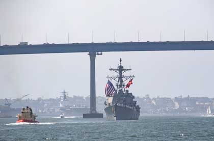 SAN DIEGO (Sept. 3, 2020) – Arleigh Burke-class destroyer USS Rafael Peralta (DDG 115) returns to its homeport of San Diego following the successful completion of a seven-and-a-half-month deployment. The ship operated in the U.S. 7th Fleet’s area of responsibility in support of security and stability initiatives in the Indo-Pacific. U.S. Navy photo by MC3 Kevin C. Leitner.