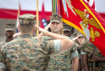 U.S. Marine Corps Lt. Col. Jeffrey M. Rohman, the outgoing commanding officer of 9th Communication Battalion, I Marine Expeditionary Force Information Group, salutes during the 9th Communication Battalion change of command ceremony at Marine Corps Base Camp Pendleton, California, June 8, 2023. The passing of colors from an outgoing commander to an incoming commander ensures that the unit and its Marines are never without official leadership, represents a continuation of trust, and signifies an allegiance of Marines to their unit's commander. (U.S. Marine Corps photo by Lance Cpl. Trent A. Henry