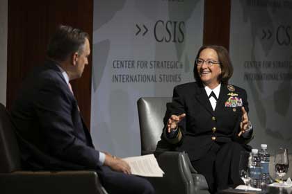 Chief of Naval Operations Adm. Lisa Franchetti discusses her recently released Navigation Plan for America's Warfighting Navy 2024 at Center for Strategic and International Studies in Washington, Sept. 19, 2024. U.S. Navy photo by Navy Senior Chief Petty Officer Elliott Fabrizio.