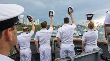 U.S. Navy Sailors assigned to Arleigh Burke-class guided-missile destroyer USS Fitzgerald (DDG 62) render honors to the Leeuwin-class survey ship HMAS Leeuwin (A 245) during a fleet review as a part of Exercise Kakadu in Sydney, March 21, 2026. Exercise Kakadu is the Royal Australian Navy’s premier exercise and provides an opportunity for regional nations to participate in multinational maritime activities. Fitzgerald is forward-deployed and assigned to Destroyer Squadron (DESRON) 15, the Navy’s largest DESRON and U.S. 7th Fleet’s principal surface force. U.S. Navy photo by MC2 Timothy Dimal.